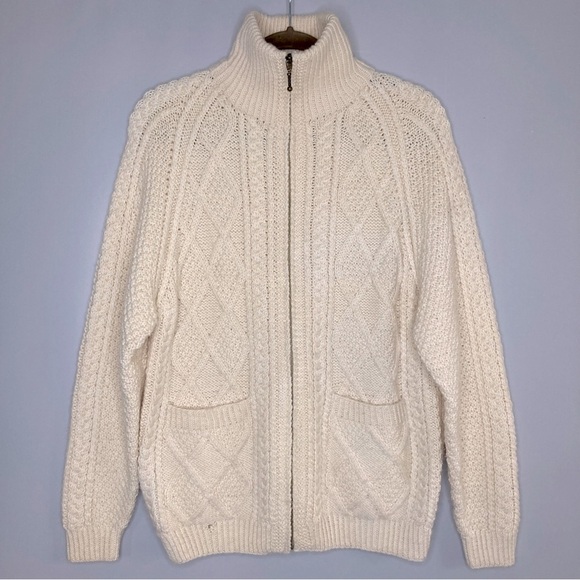 Carraig Donn Merino Wool Zip Sweater-Cream/Ivory-Womens S-Hand Knit-Ireland-Cozy - Picture 1 of 10